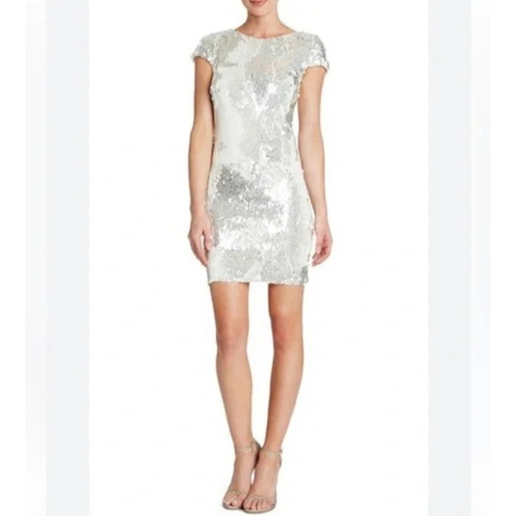 Dress the Population Sequin Tabitha Body Con Sheath Mini Dress Ivory Size Medium - Picture 3 of 13